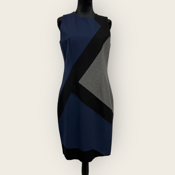 Ladies White House Black Market Grey Color Block Dress Size 10 - Picture 2 of 10